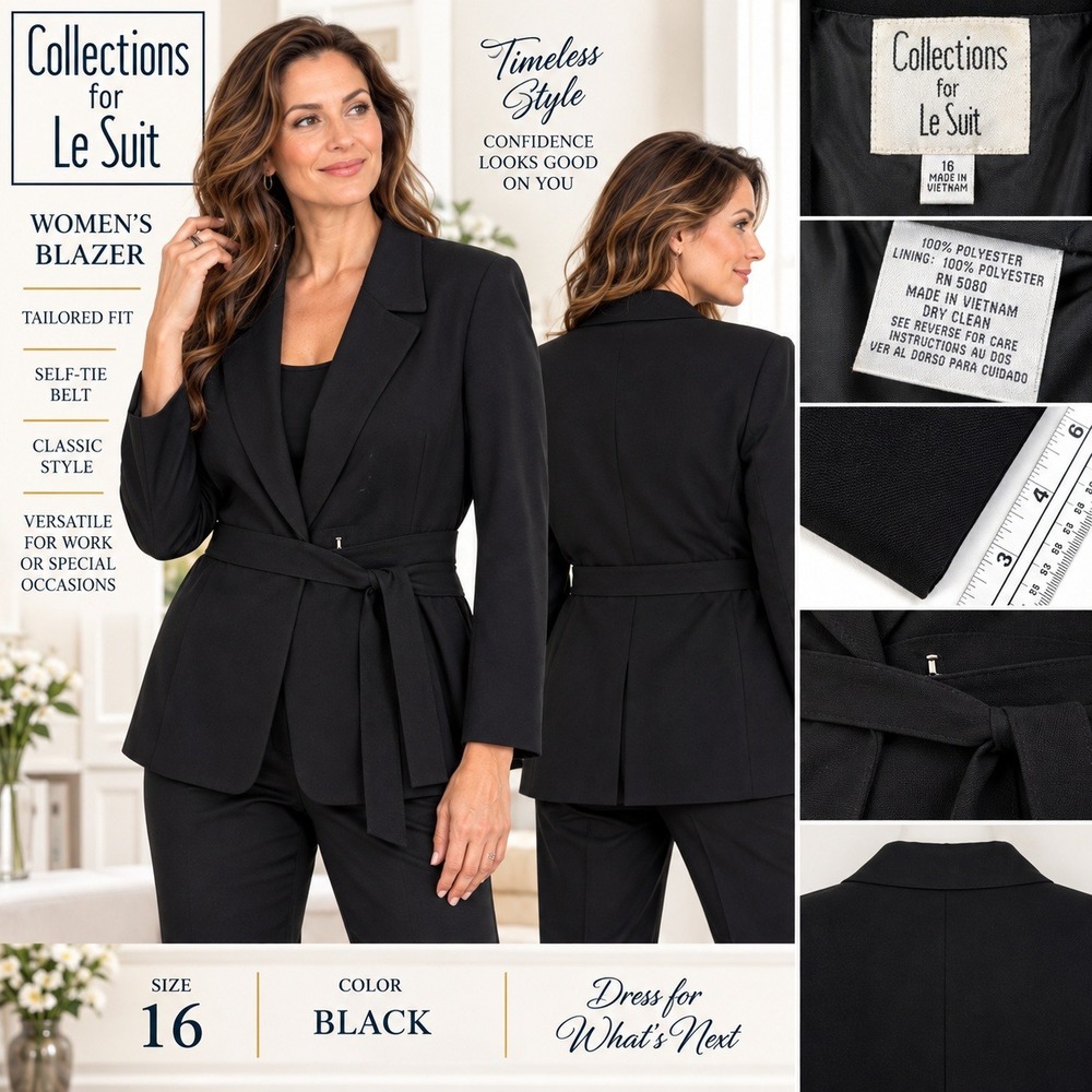 Le Suit Womens 16 Blazer Black Belted Career Jacket Tailored Fit Polyester #1895